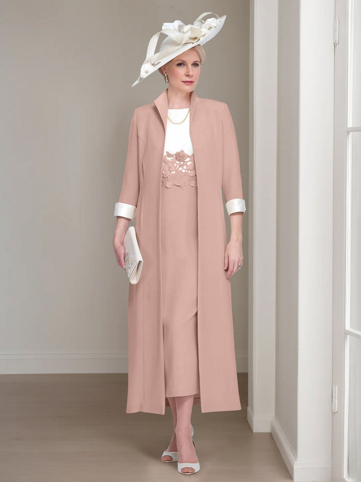 2 Morceaux Col rond Longueur de Thé Robes Mère de La Mariée avec veste & Dentelle Appliques