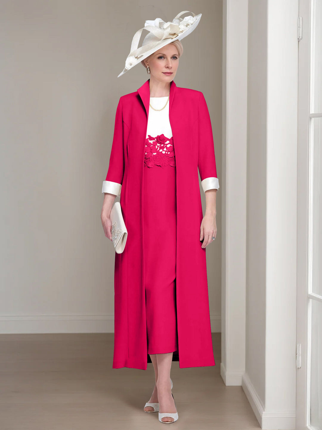 2 Morceaux Col rond Longueur de Thé Robes Mère de La Mariée avec veste & Dentelle Appliques