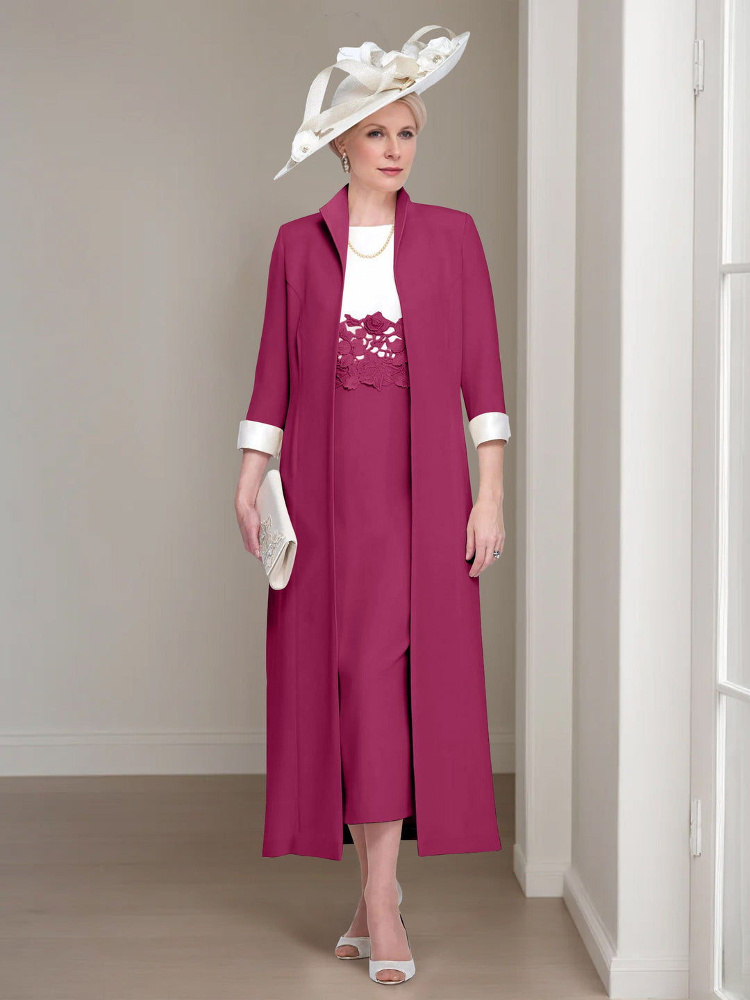 2 Morceaux Col rond Longueur de Thé Robes Mère de La Mariée avec veste & Dentelle Appliques