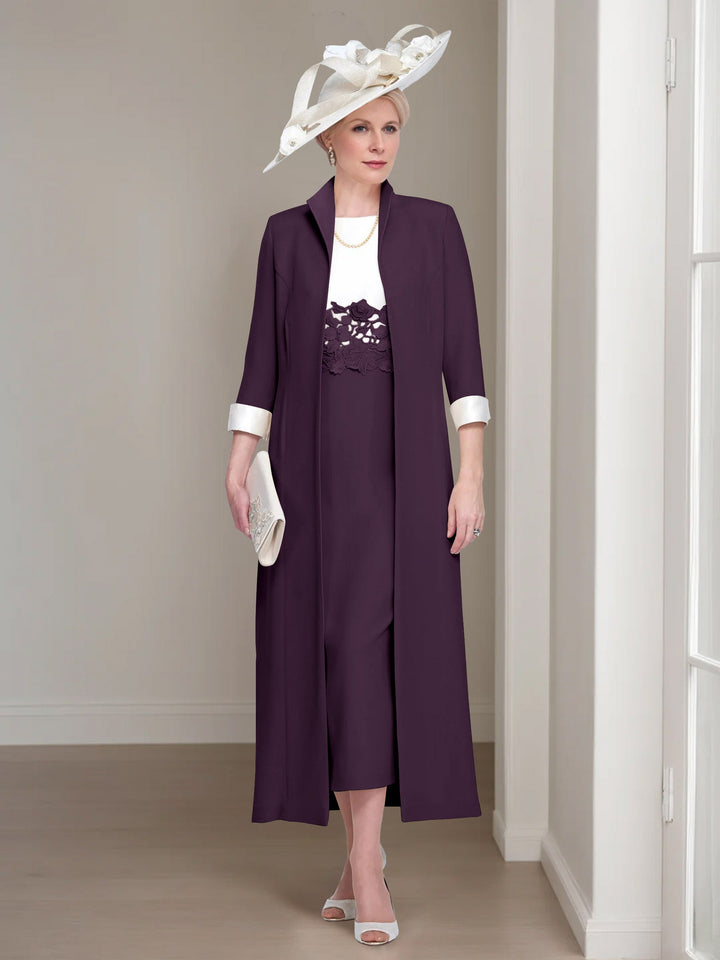 2 Morceaux Col rond Longueur de Thé Robes Mère de La Mariée avec veste & Dentelle Appliques