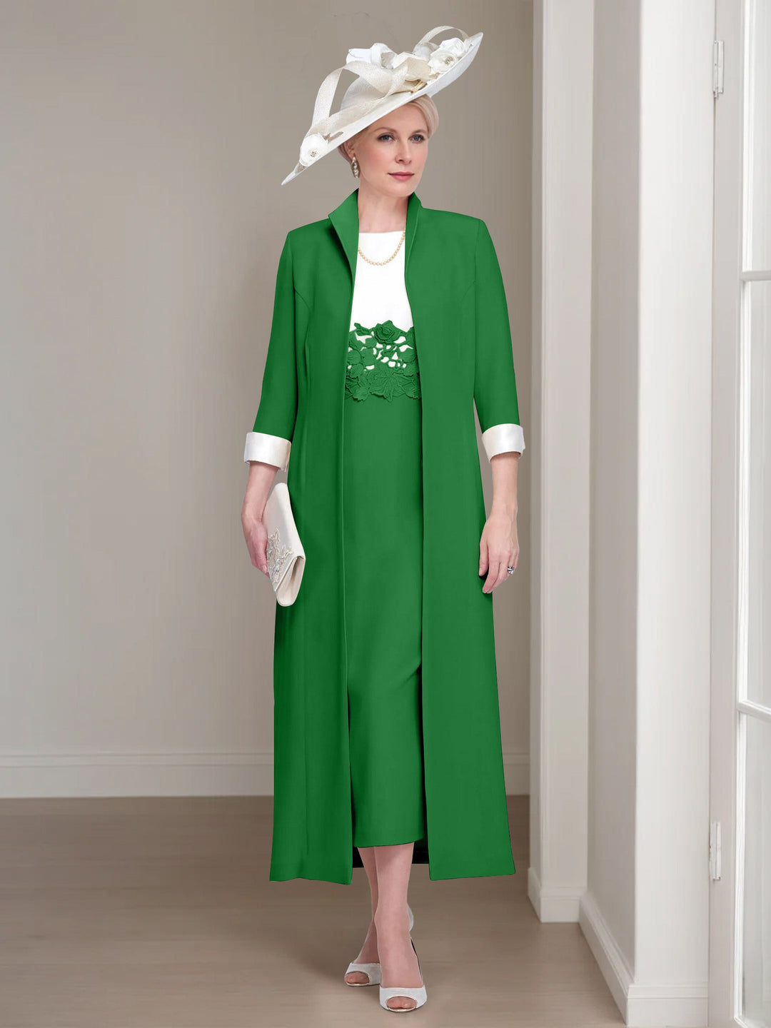 2 Morceaux Col rond Longueur de Thé Robes Mère de La Mariée avec veste & Dentelle Appliques