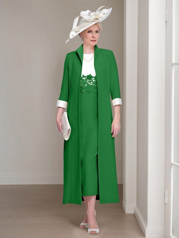 2 Morceaux Col rond Longueur de Thé Robes Mère de La Mariée avec veste & Dentelle Appliques