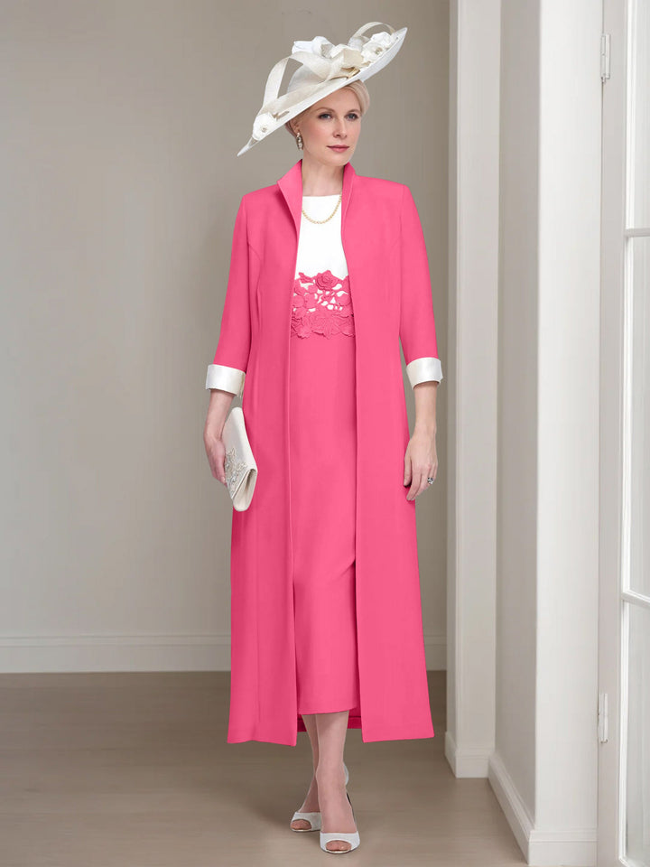 2 Morceaux Col rond Longueur de Thé Robes Mère de La Mariée avec veste & Dentelle Appliques