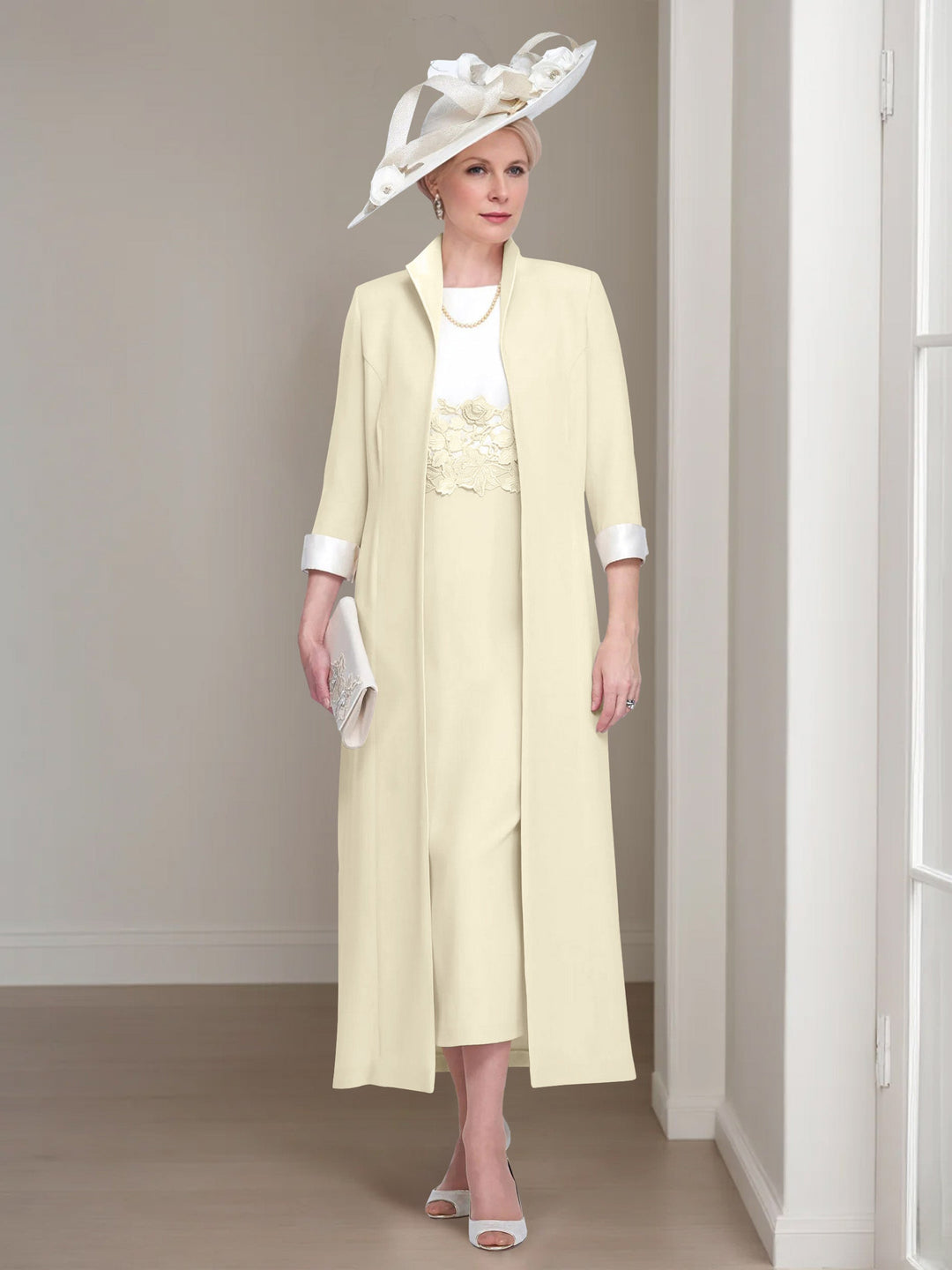 2 Morceaux Col rond Longueur de Thé Robes Mère de La Mariée avec veste & Dentelle Appliques