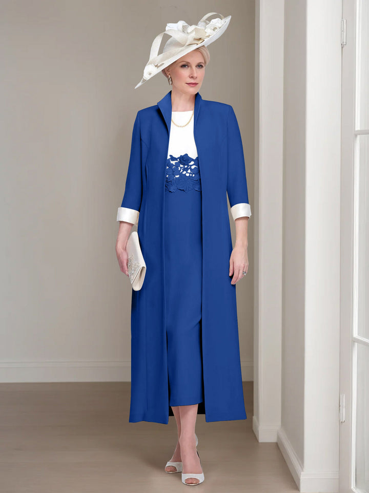 2 Morceaux Col rond Longueur de Thé Robes Mère de La Mariée avec veste & Dentelle Appliques