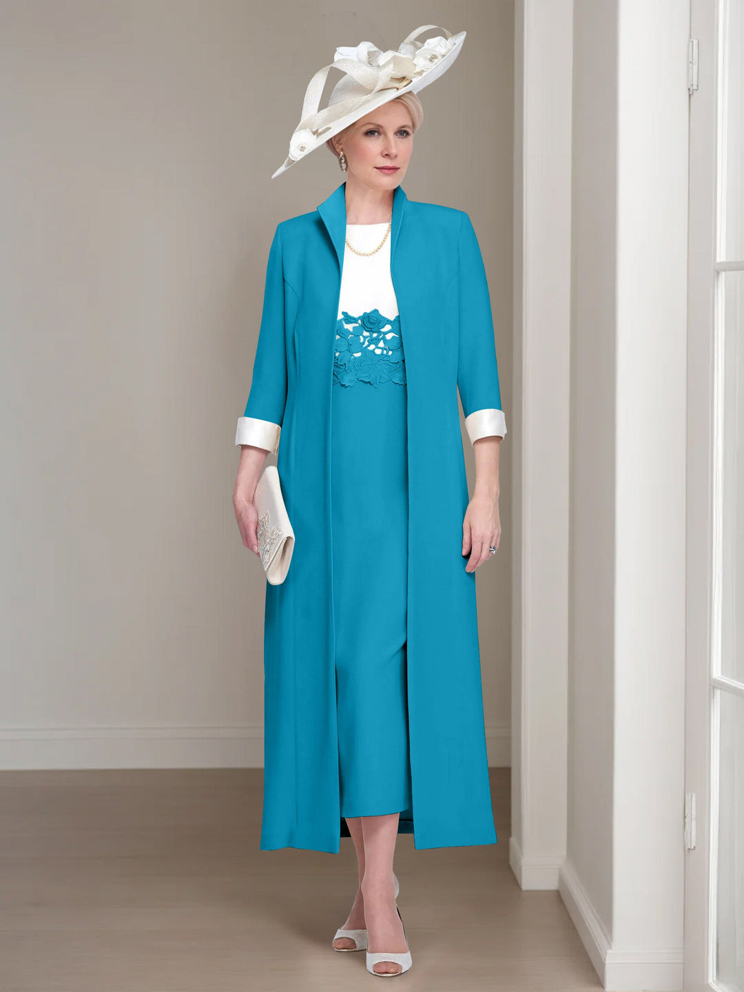 2 Morceaux Col rond Longueur de Thé Robes Mère de La Mariée avec veste & Dentelle Appliques