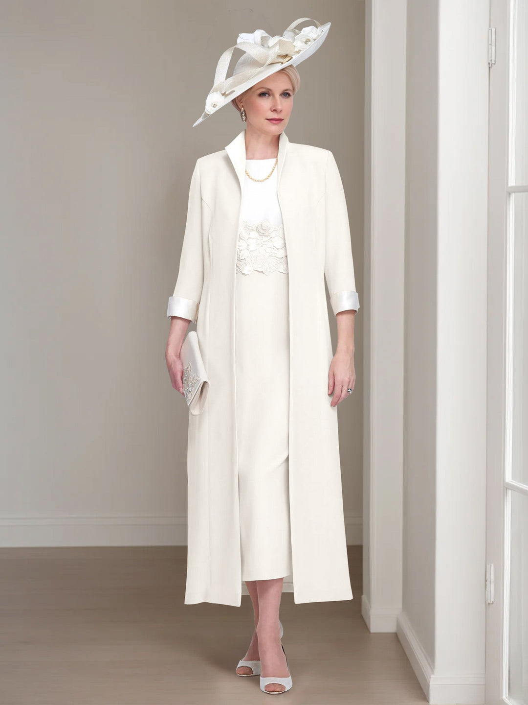 2 Morceaux Col rond Longueur de Thé Robes Mère de La Mariée avec veste & Dentelle Appliques