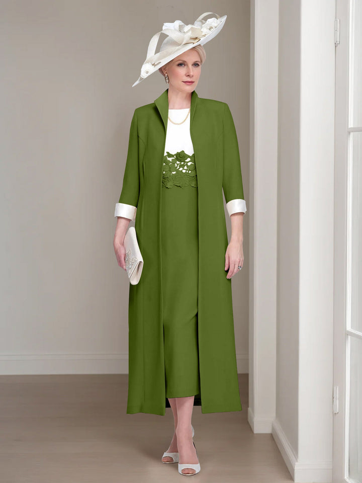 2 Morceaux Col rond Longueur de Thé Robes Mère de La Mariée avec veste & Dentelle Appliques
