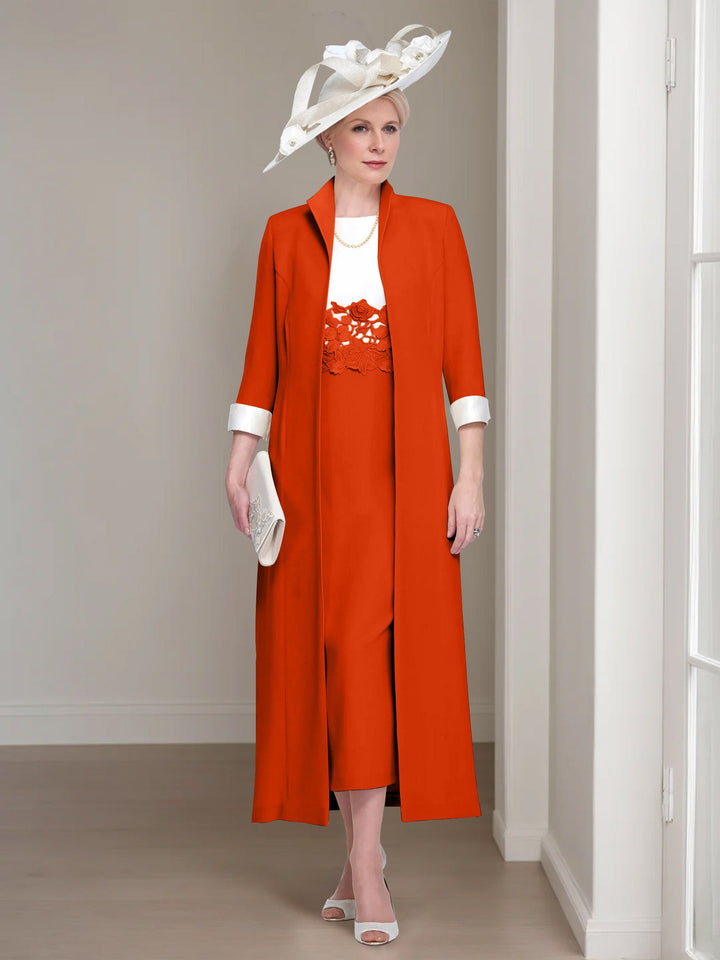 2 Morceaux Col rond Longueur de Thé Robes Mère de La Mariée avec veste & Dentelle Appliques