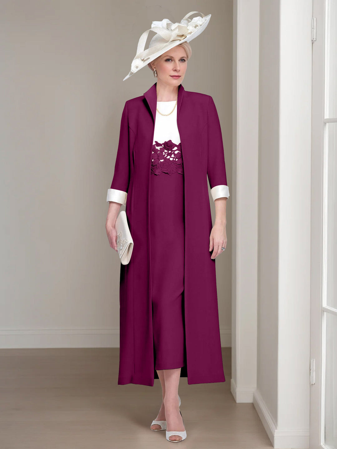 2 Morceaux Col rond Longueur de Thé Robes Mère de La Mariée avec veste & Dentelle Appliques