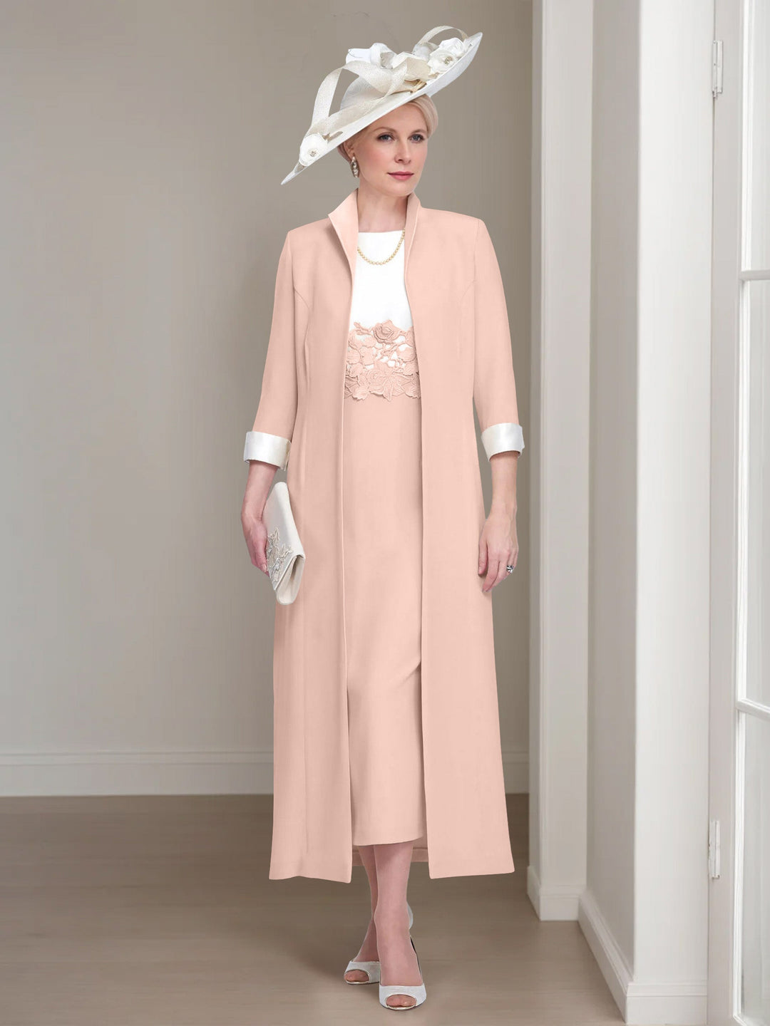 2 Morceaux Col rond Longueur de Thé Robes Mère de La Mariée avec veste & Dentelle Appliques