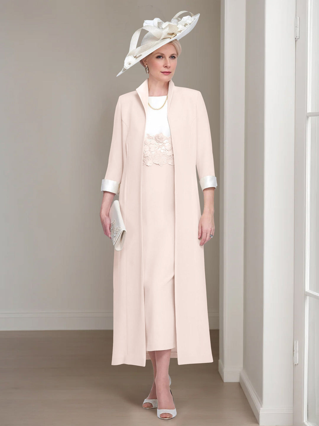 2 Morceaux Col rond Longueur de Thé Robes Mère de La Mariée avec veste & Dentelle Appliques