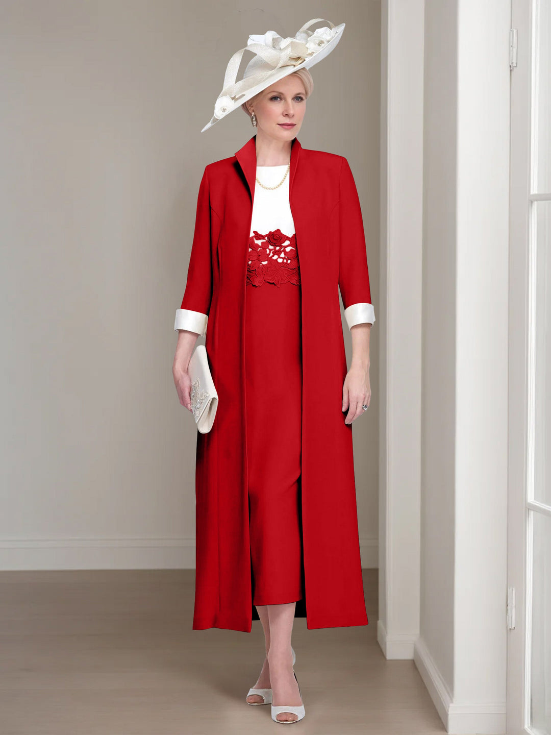 2 Morceaux Col rond Longueur de Thé Robes Mère de La Mariée avec veste & Dentelle Appliques