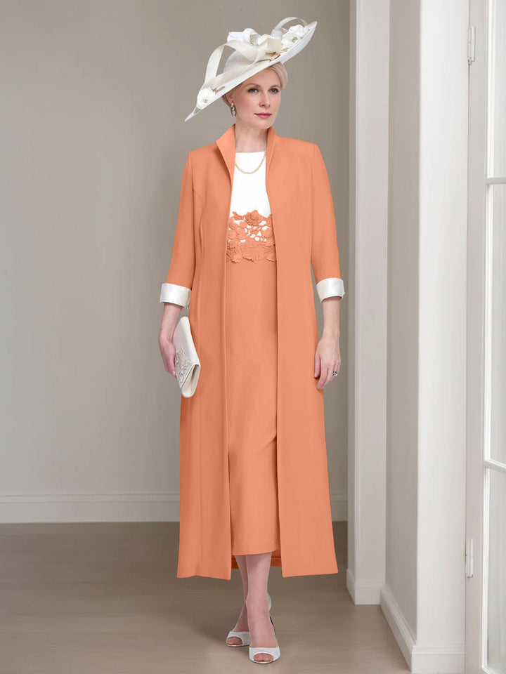 2 Morceaux Col rond Longueur de Thé Robes Mère de La Mariée avec veste & Dentelle Appliques