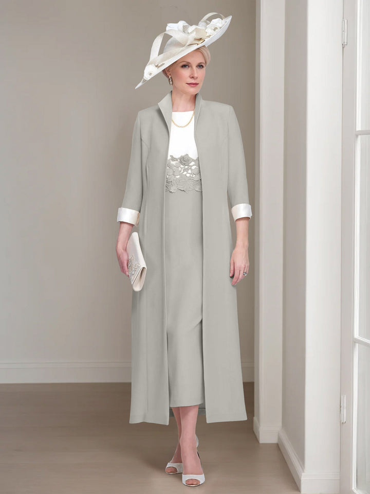 2 Morceaux Col rond Longueur de Thé Robes Mère de La Mariée avec veste & Dentelle Appliques