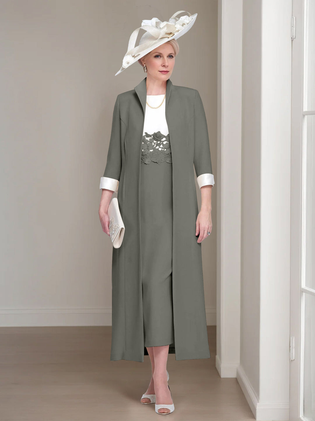 2 Morceaux Col rond Longueur de Thé Robes Mère de La Mariée avec veste & Dentelle Appliques