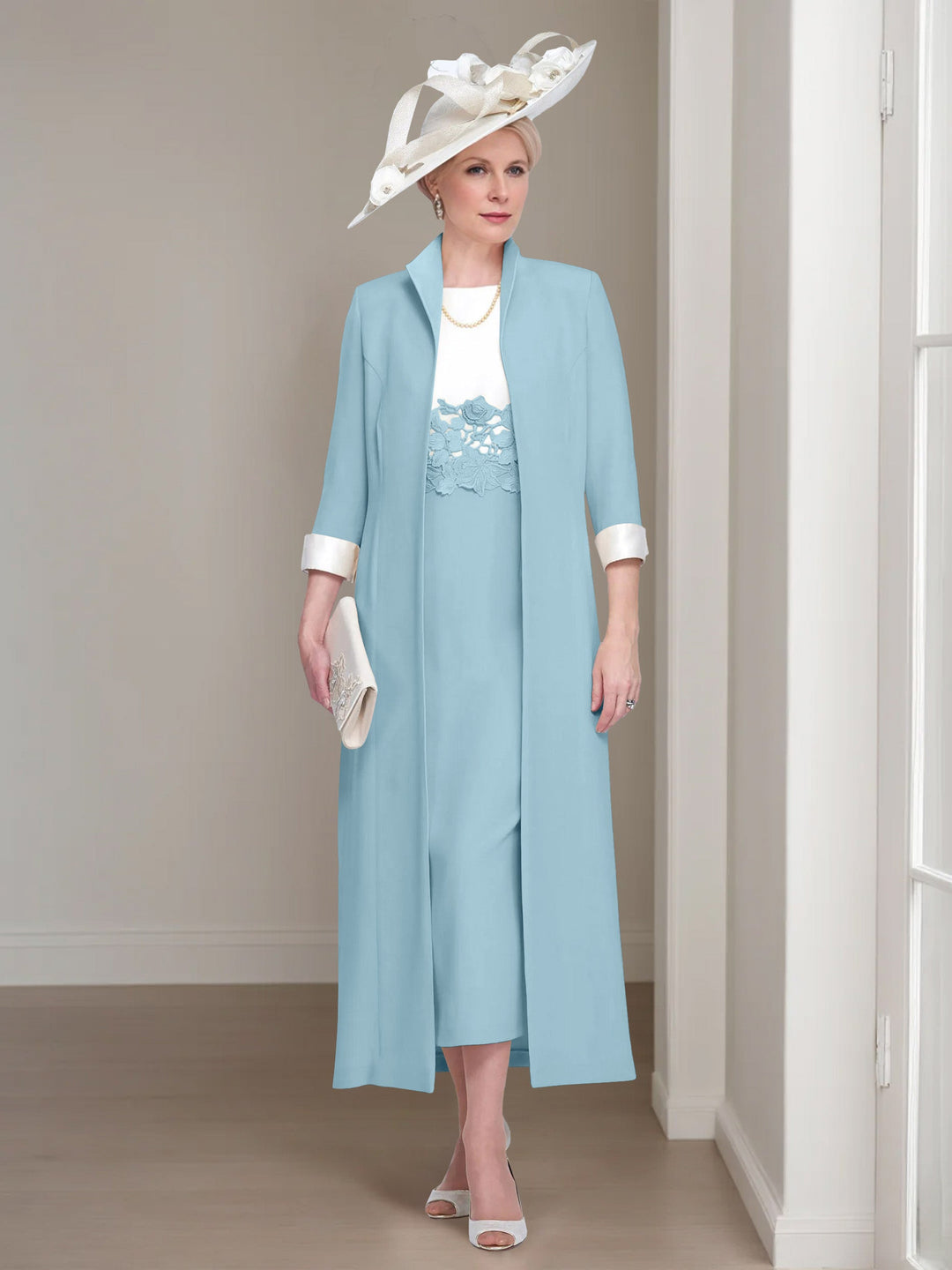 2 Morceaux Col rond Longueur de Thé Robes Mère de La Mariée avec veste & Dentelle Appliques