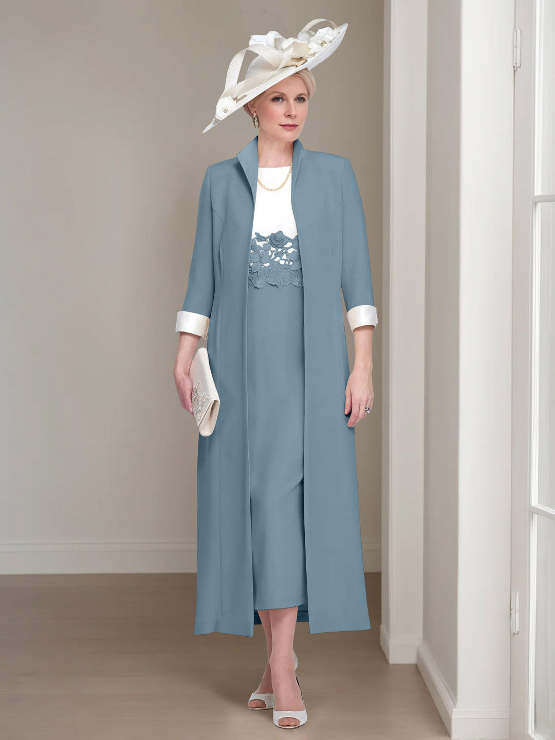 2 Morceaux Col rond Longueur de Thé Robes Mère de La Mariée avec veste & Dentelle Appliques