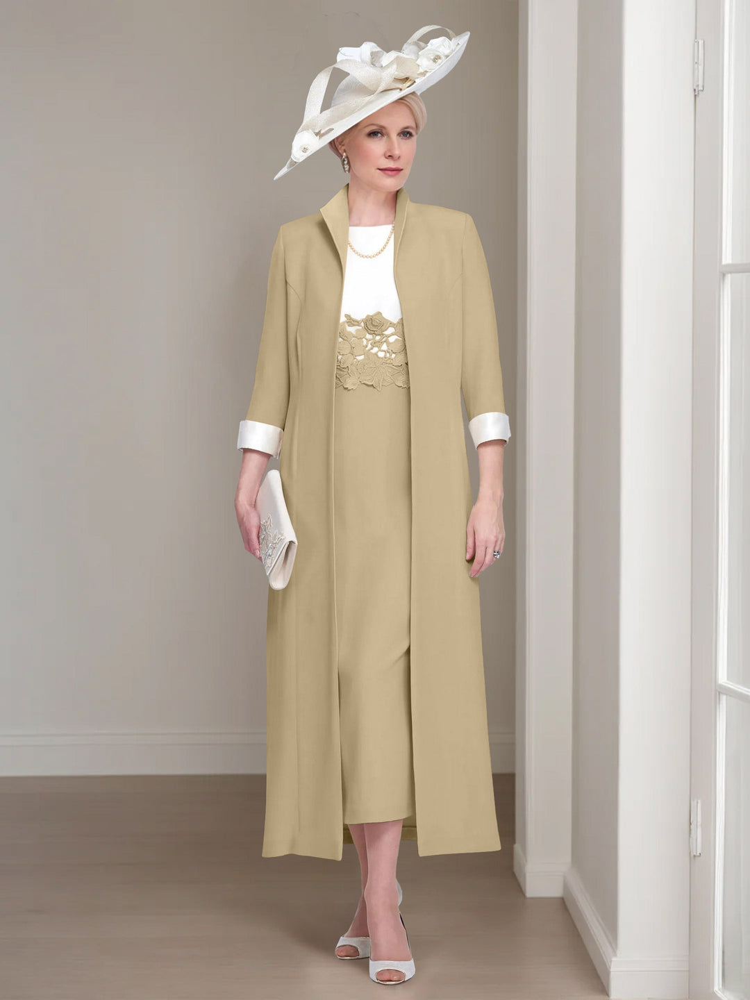 2 Morceaux Col rond Longueur de Thé Robes Mère de La Mariée avec veste & Dentelle Appliques