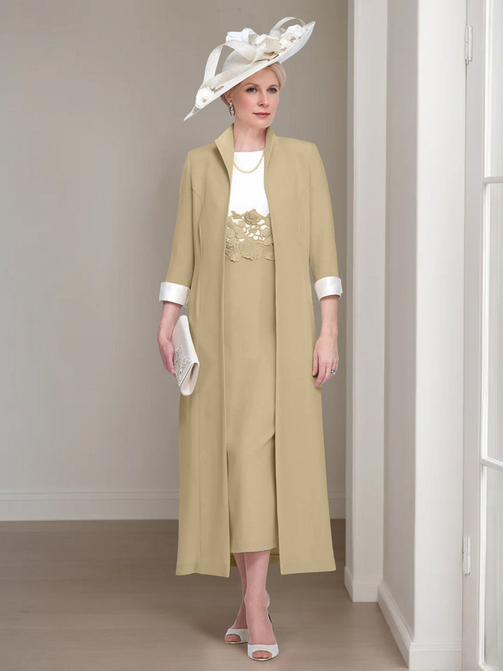 2 Morceaux Col rond Longueur de Thé Robes Mère de La Mariée avec veste & Dentelle Appliques