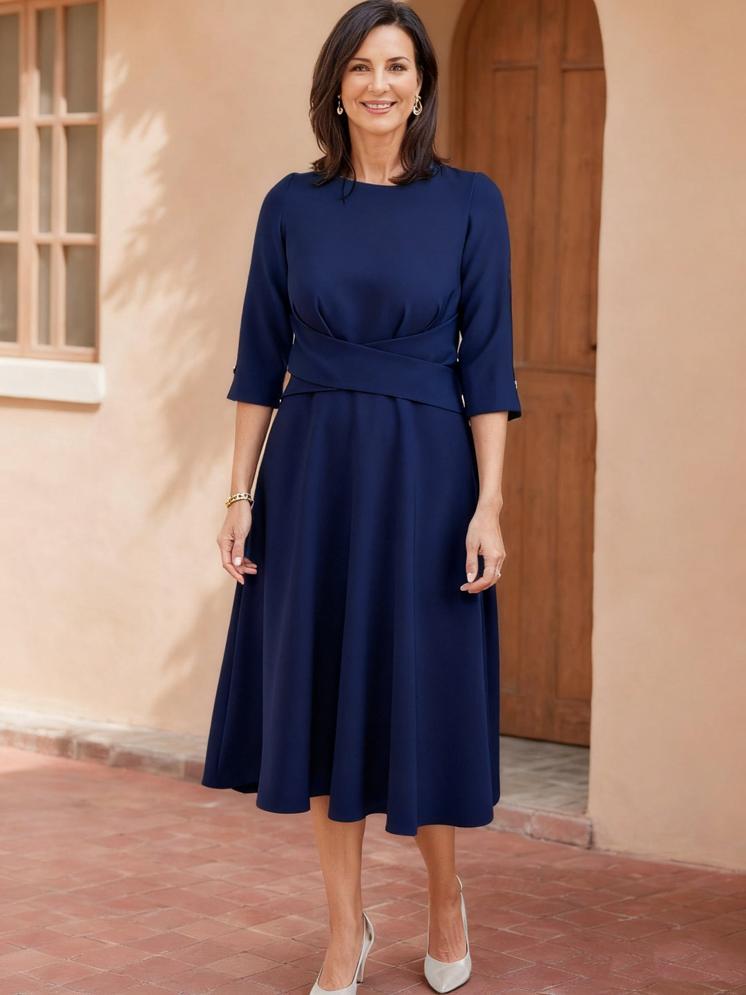 Ligne A/Princesse Scoop Neck 3/4 Manches Longueur de Thé Robes Mère de La Mariée avec Froufrous