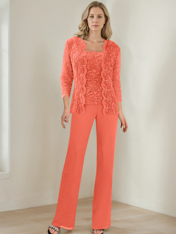 3 Morceaux Carré Neck 3/4 Manches La Longueur du SolTailleurs-pantalons pour mère de la mariée avec Paillettes