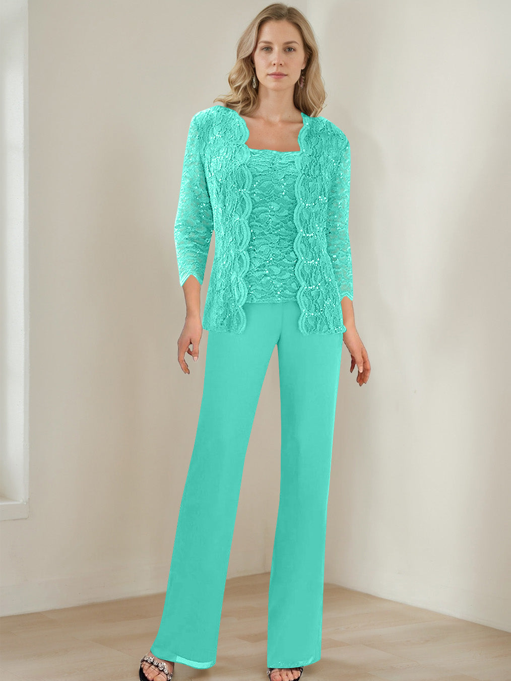 3 Morceaux Carré Neck 3/4 Manches La Longueur du SolTailleurs-pantalons pour mère de la mariée avec Paillettes