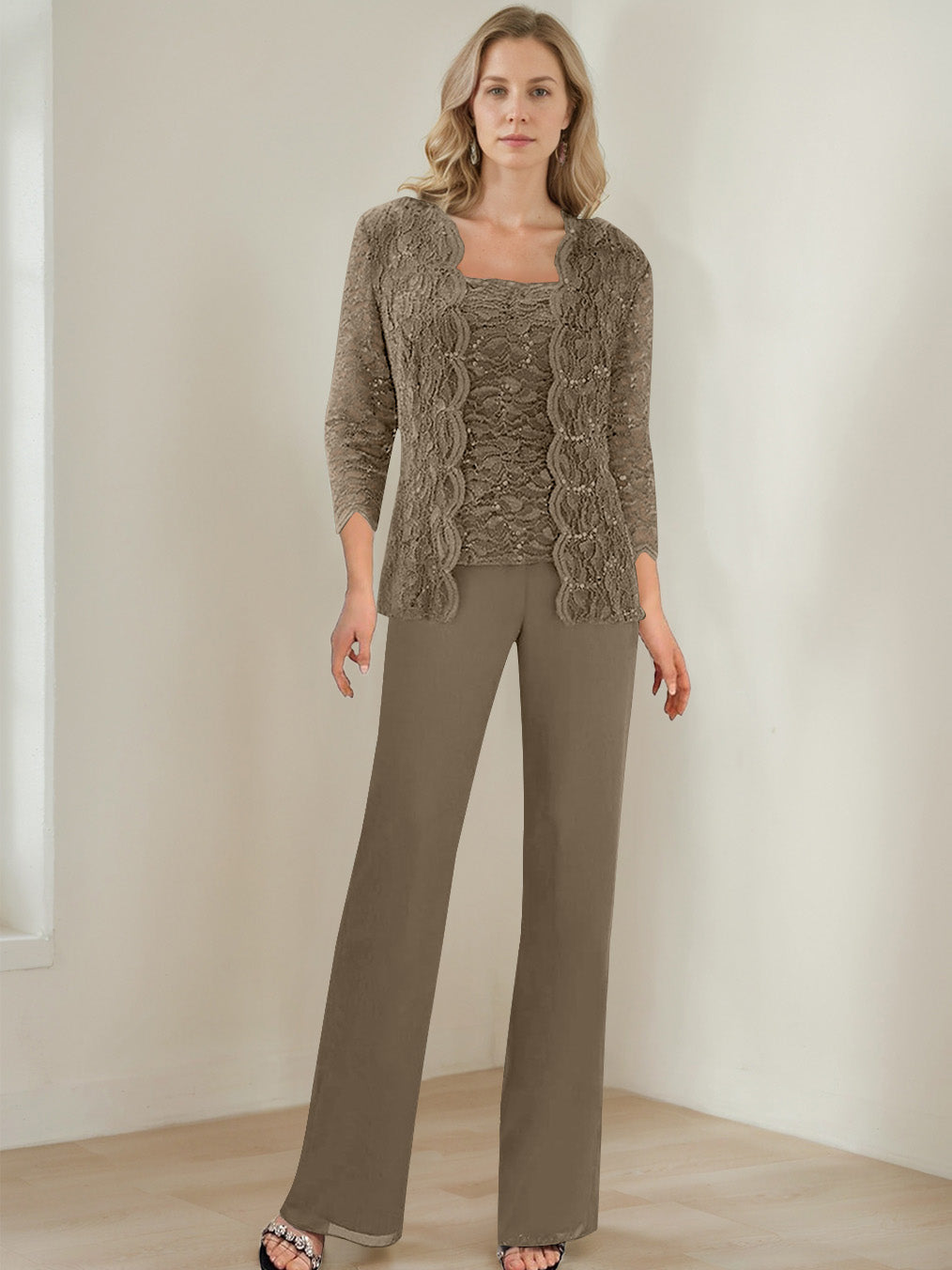 3 Morceaux Carré Neck 3/4 Manches La Longueur du SolTailleurs-pantalons pour mère de la mariée avec Paillettes