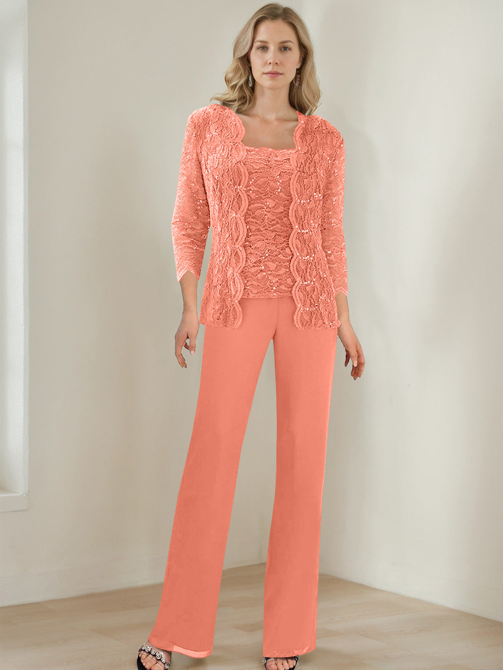 3 Morceaux Carré Neck 3/4 Manches La Longueur du SolTailleurs-pantalons pour mère de la mariée avec Paillettes