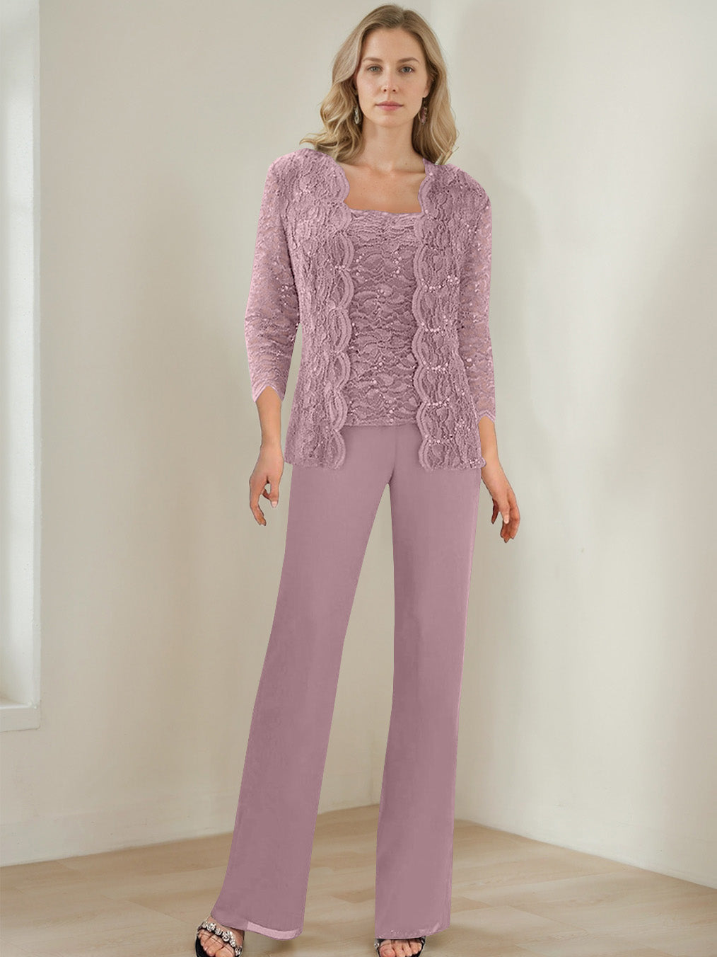 3 Morceaux Carré Neck 3/4 Manches La Longueur du SolTailleurs-pantalons pour mère de la mariée avec Paillettes