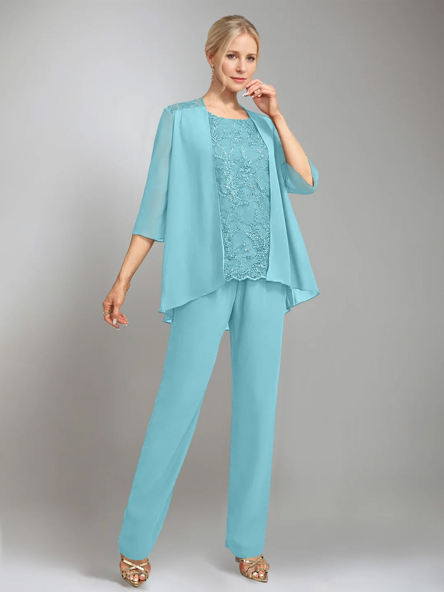 3 Morceaux Scoop Sans Manches La Longueur du SolTailleurs-pantalons pour mère de la mariée avec veste