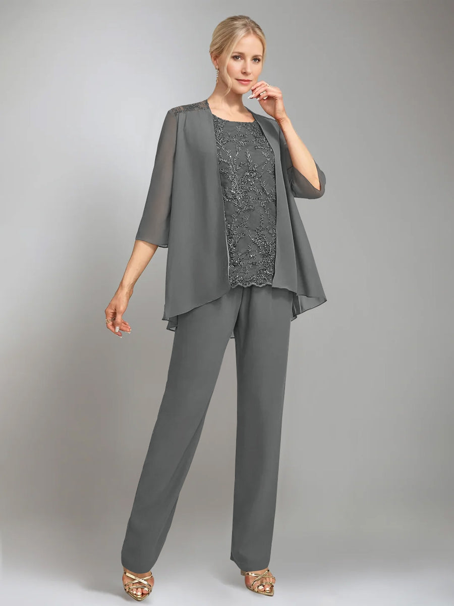 3 Morceaux Scoop Sans Manches La Longueur du SolTailleurs-pantalons pour mère de la mariée avec veste