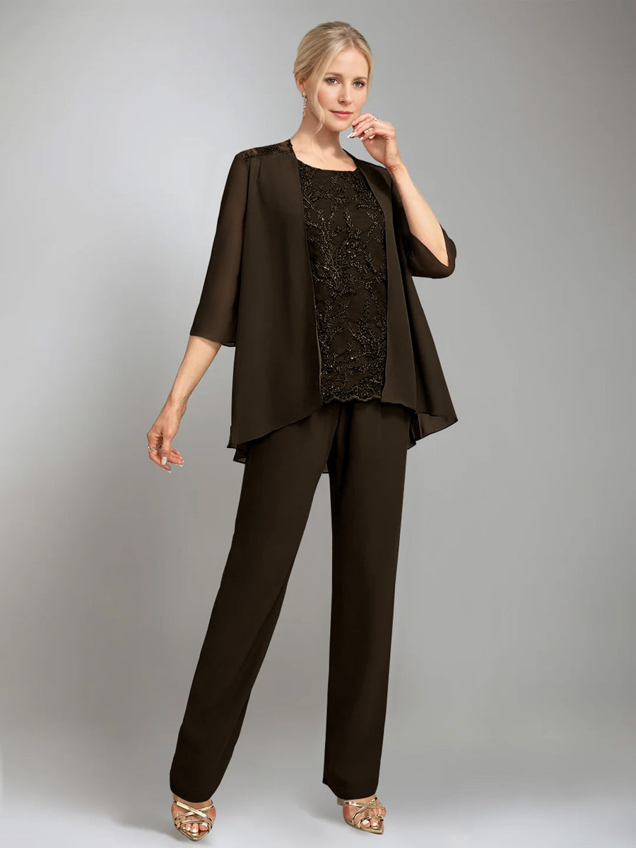 3 Morceaux Scoop Sans Manches La Longueur du SolTailleurs-pantalons pour mère de la mariée avec veste