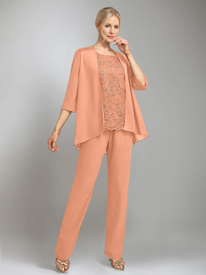 3 Morceaux Scoop Sans Manches La Longueur du SolTailleurs-pantalons pour mère de la mariée avec veste