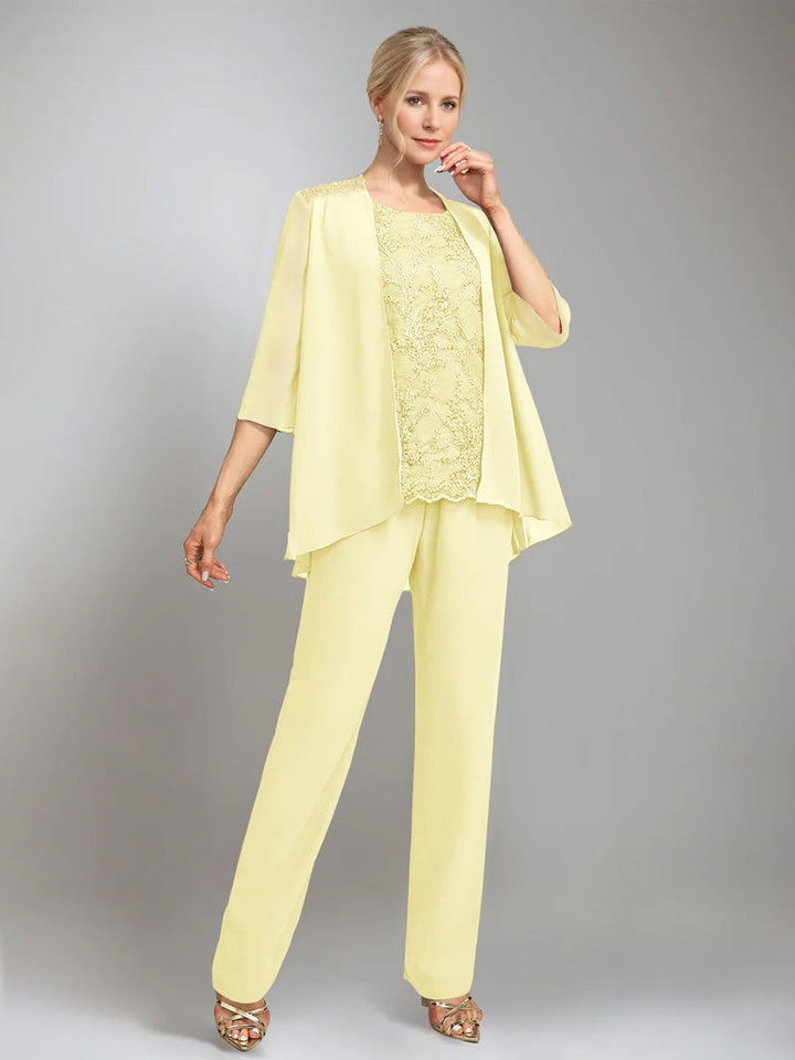 3 Morceaux Scoop Sans Manches La Longueur du SolTailleurs-pantalons pour mère de la mariée avec veste