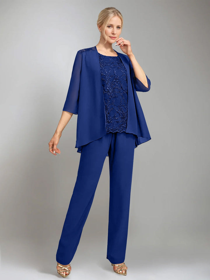 3 Morceaux Scoop Sans Manches La Longueur du SolTailleurs-pantalons pour mère de la mariée avec veste