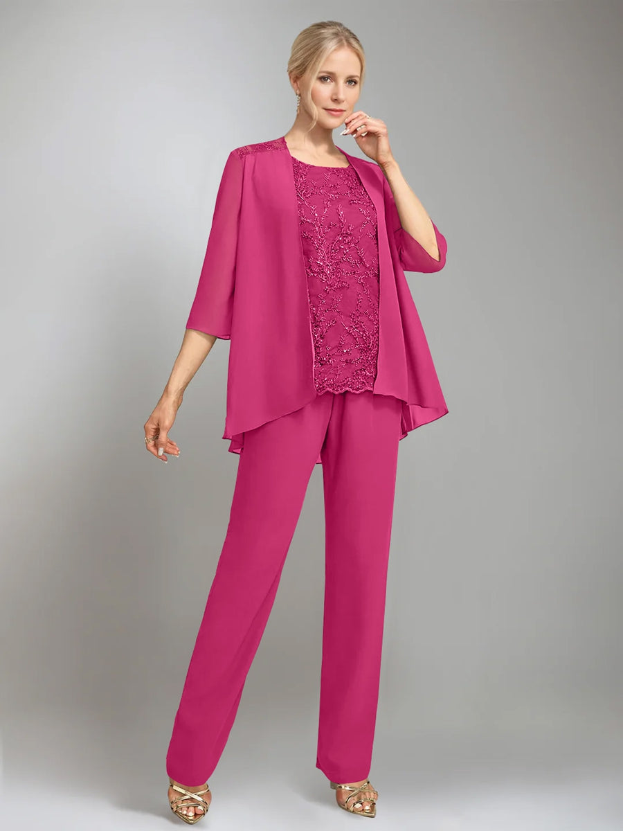 3 Morceaux Scoop Sans Manches La Longueur du SolTailleurs-pantalons pour mère de la mariée avec veste