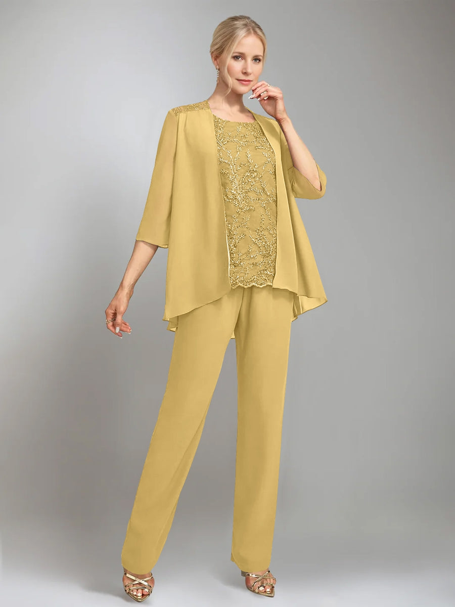 3 Morceaux Scoop Sans Manches La Longueur du SolTailleurs-pantalons pour mère de la mariée avec veste