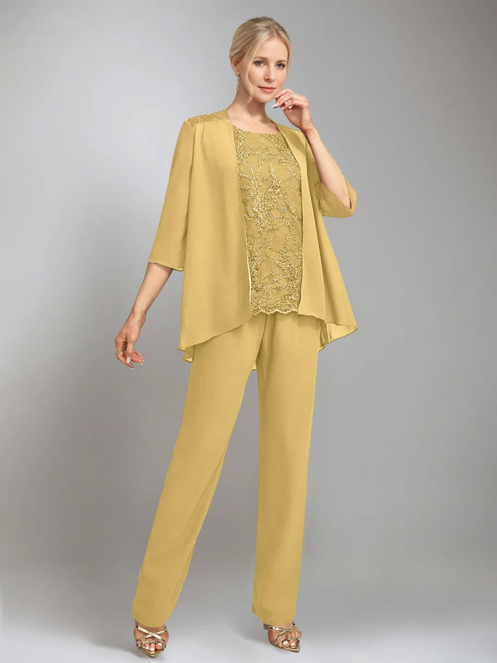 3 Morceaux Scoop Sans Manches La Longueur du SolTailleurs-pantalons pour mère de la mariée avec veste