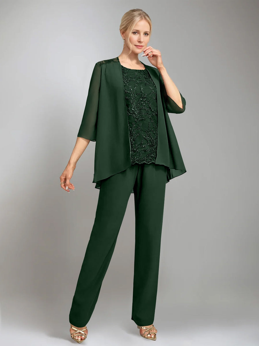 3 Morceaux Scoop Sans Manches La Longueur du SolTailleurs-pantalons pour mère de la mariée avec veste