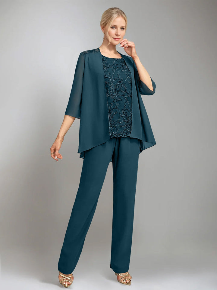 3 Morceaux Scoop Sans Manches La Longueur du SolTailleurs-pantalons pour mère de la mariée avec veste