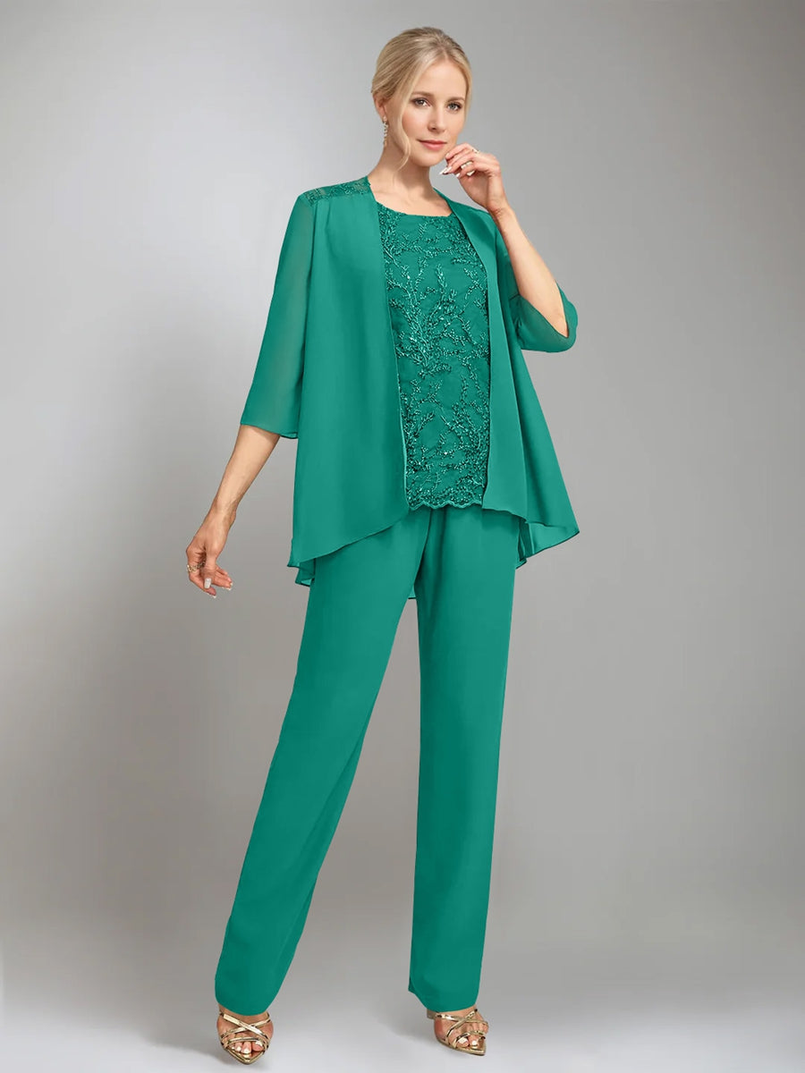 3 Morceaux Scoop Sans Manches La Longueur du SolTailleurs-pantalons pour mère de la mariée avec veste