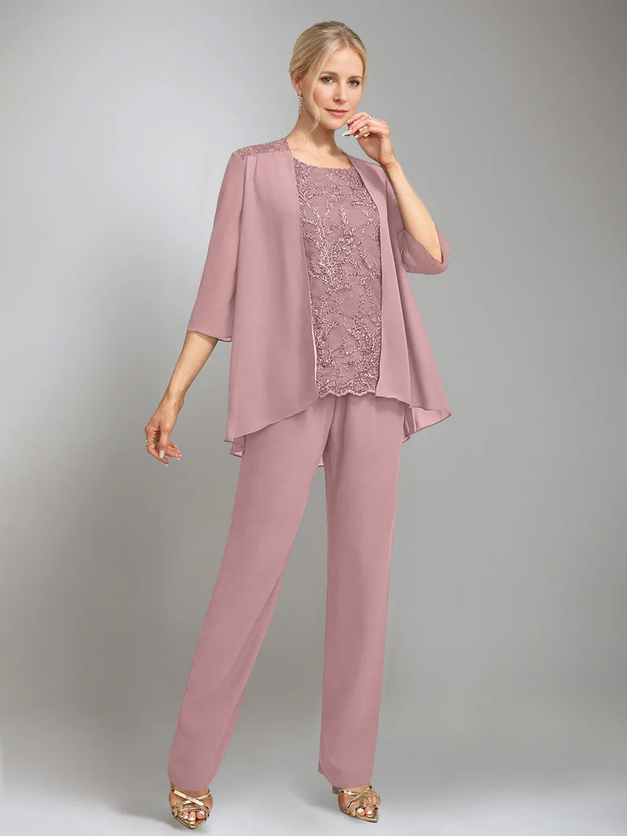 3 Morceaux Scoop Sans Manches La Longueur du SolTailleurs-pantalons pour mère de la mariée avec veste