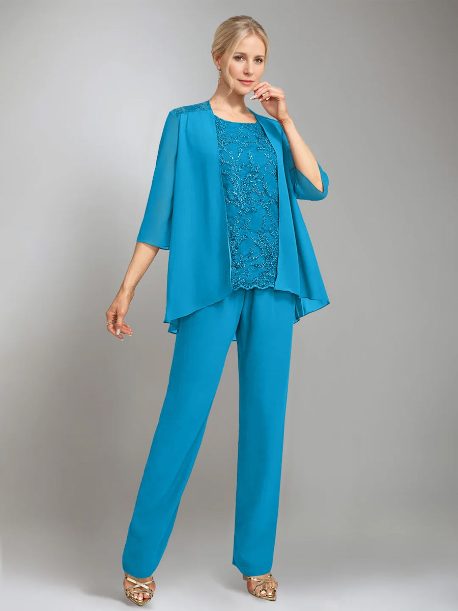 3 Morceaux Scoop Sans Manches La Longueur du SolTailleurs-pantalons pour mère de la mariée avec veste