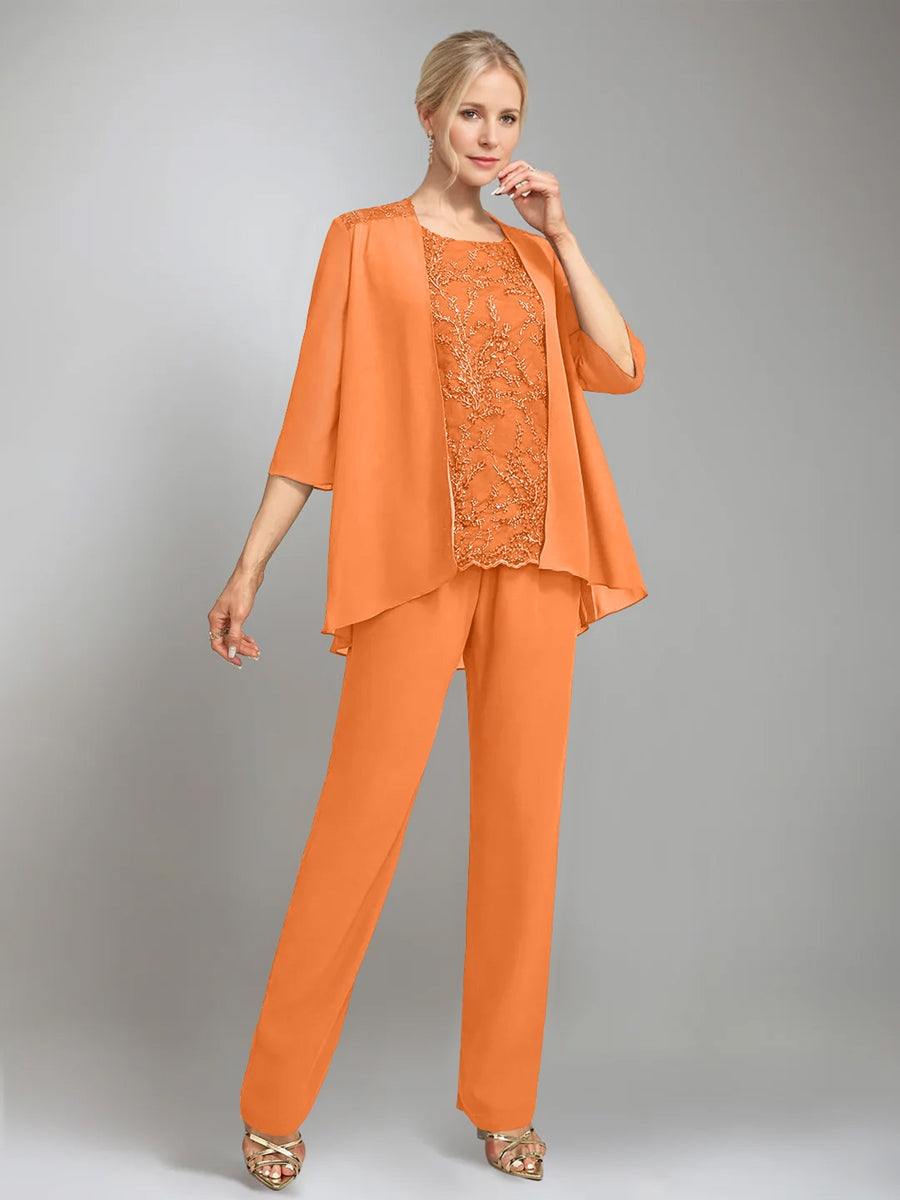 3 Morceaux Scoop Sans Manches La Longueur du SolTailleurs-pantalons pour mère de la mariée avec veste