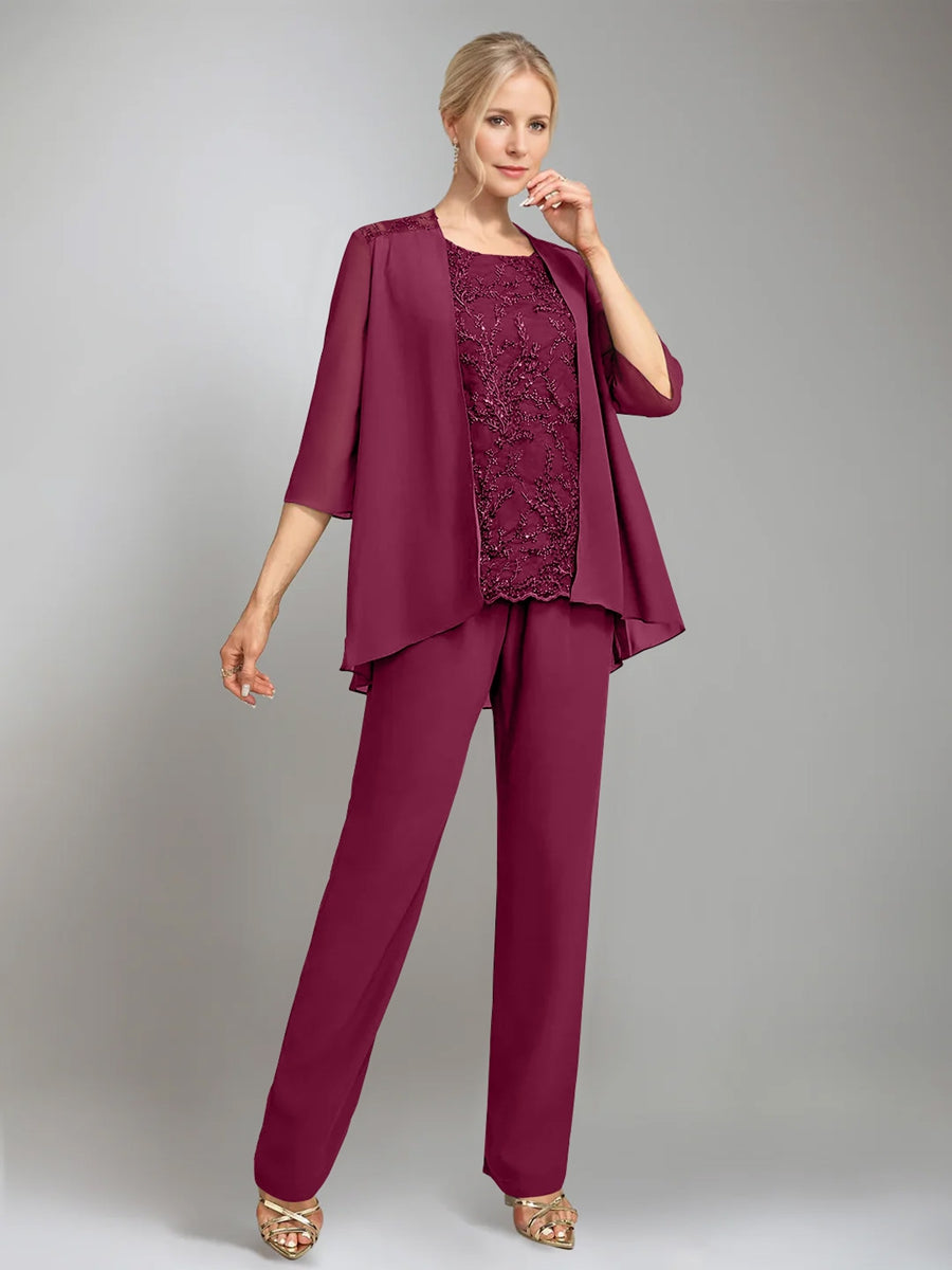 3 Morceaux Scoop Sans Manches La Longueur du SolTailleurs-pantalons pour mère de la mariée avec veste