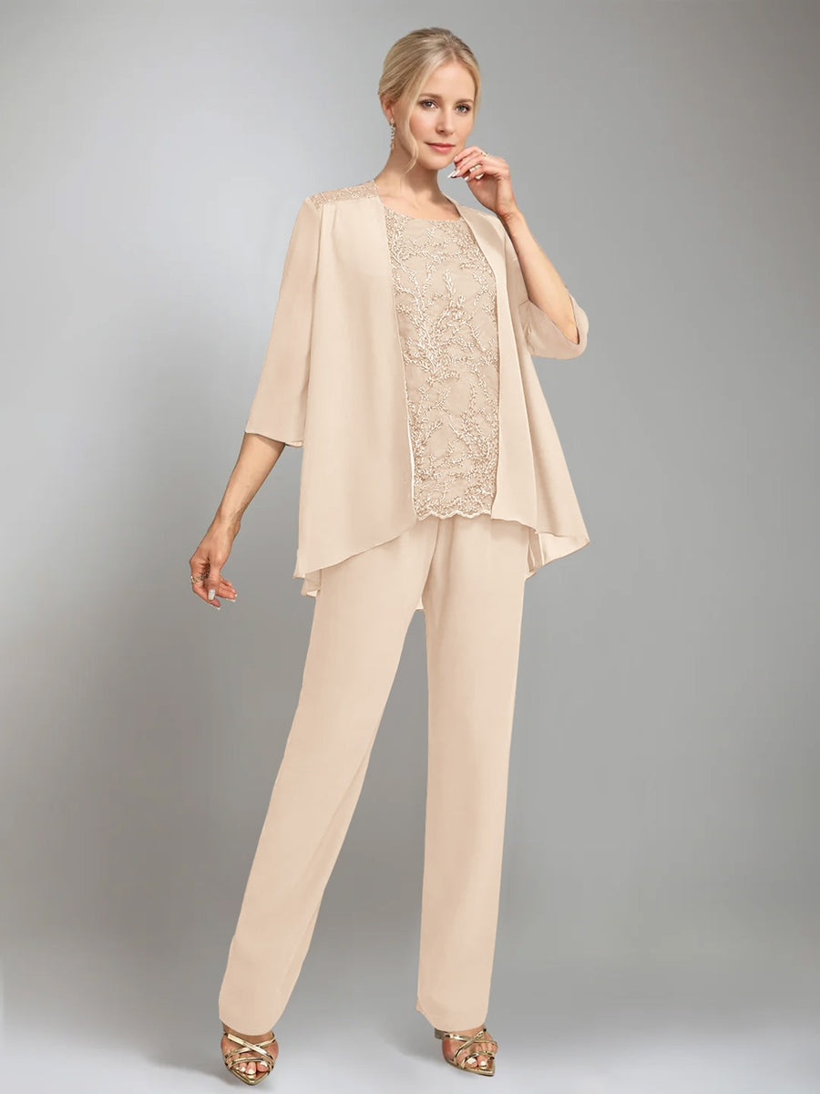 3 Morceaux Scoop Sans Manches La Longueur du SolTailleurs-pantalons pour mère de la mariée avec veste