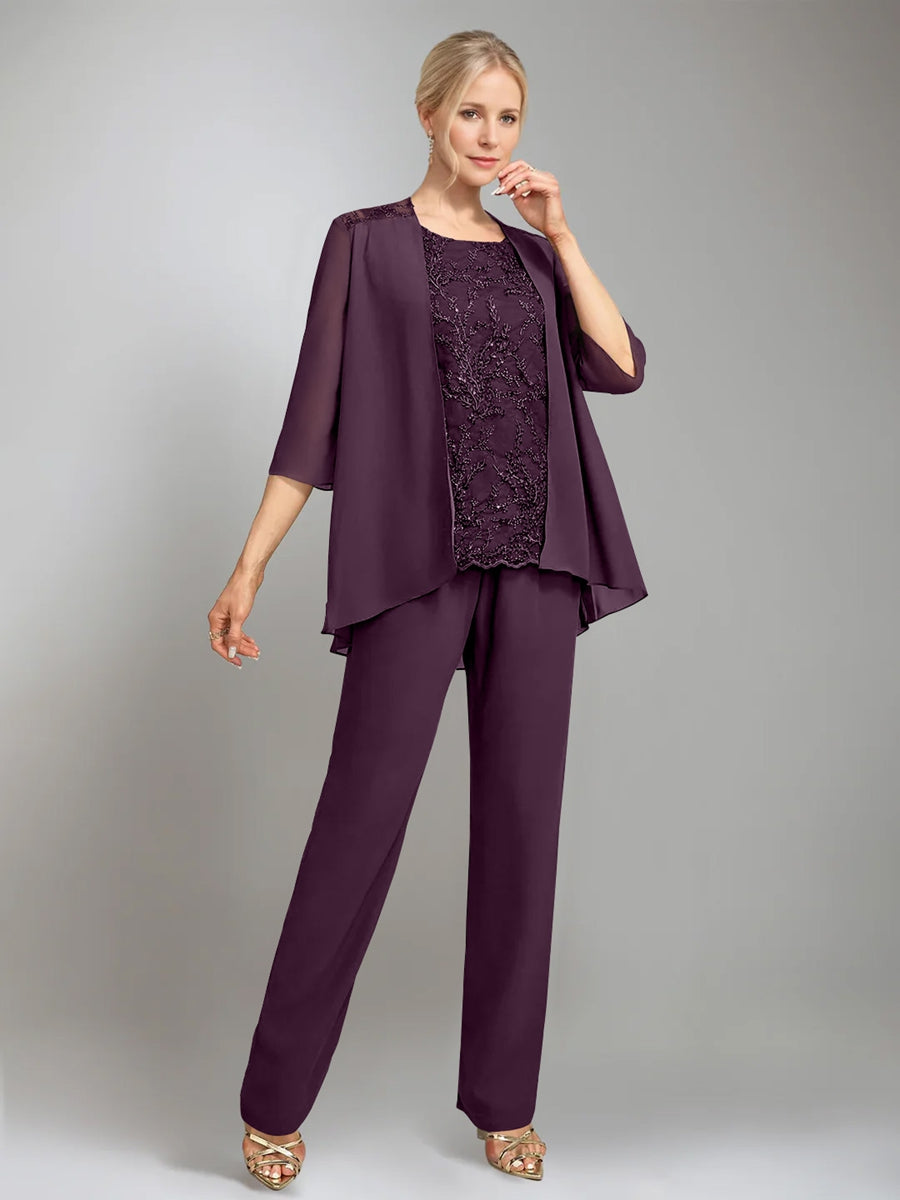 3 Morceaux Scoop Sans Manches La Longueur du SolTailleurs-pantalons pour mère de la mariée avec veste