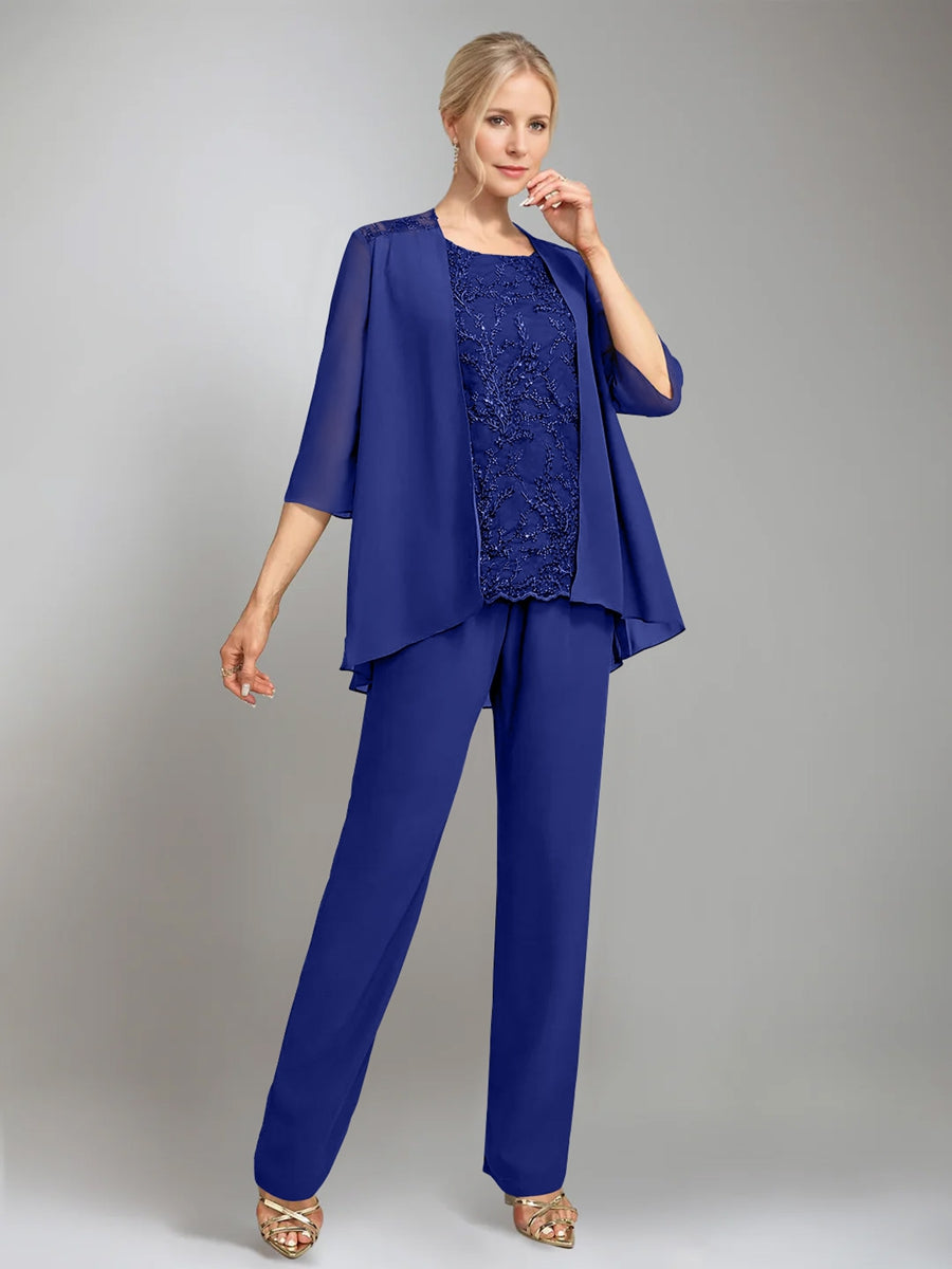 3 Morceaux Scoop Sans Manches La Longueur du SolTailleurs-pantalons pour mère de la mariée avec veste