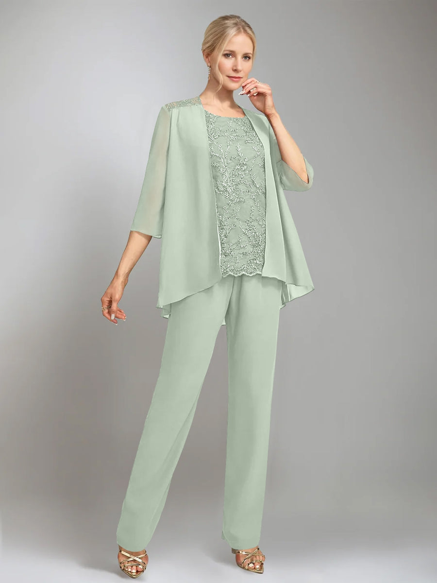 3 Morceaux Scoop Sans Manches La Longueur du SolTailleurs-pantalons pour mère de la mariée avec veste